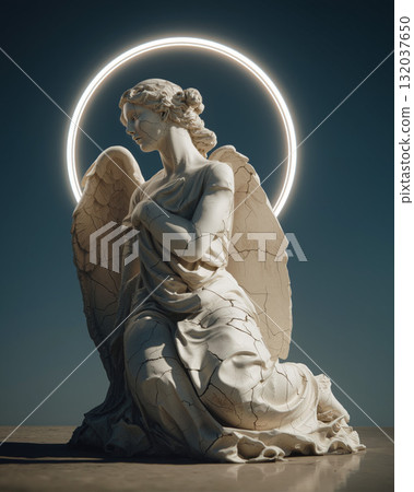 Angel statue with cracked surface illuminated by glowing halo in serene setting 132037650