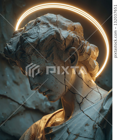 Statue of angel with cracked surface illuminated by a soft glow in a serene setting 132037651