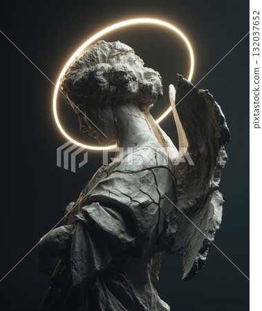 Beautiful angel statue with cracked surface illuminated by a glowing halo Beautiful angel statue with cracked surface illuminated by a glowing halo 132037652