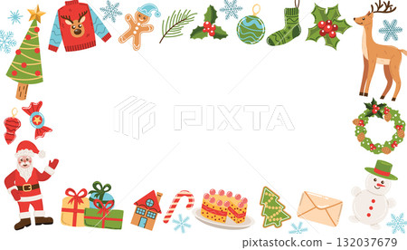 Christmas rectangle frame with Santa Claus, tree, candy cane, snowflake and gingerbread in flat cartoon style. 132037679