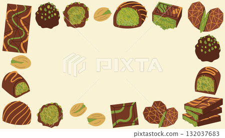 Cute rectangular border made of Dubai chocolate and candy with pistachio in flat cartoon style. Cute rectangular border made of Dubai chocolate and candy with pistachio in flat cartoon style. 132037683