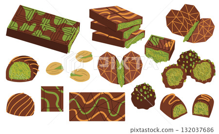 Set of elements with Dubai chocolate and candies with pistachio in flat cartoon style. Set of elements with Dubai chocolate and candies with pistachio in flat cartoon style. 132037686