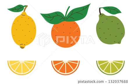 Set of citrus fruits like lemon, lime, orange with leaves and wedges in flat cartoon style. Set of citrus fruits like lemon, lime, orange with leaves and wedges in flat cartoon style. 132037688
