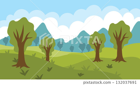 Flat cartoon summer landscape with blue cloudy sky, mountains and trees. Flat cartoon summer landscape with blue cloudy sky, mountains and trees. 132037691