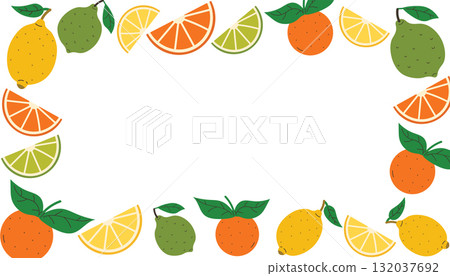 Rectangular frame of citrus fruits like lemon, lime, orange with leaves and wedges in flat cartoon style. Rectangular frame of citrus fruits like lemon, lime, orange with leaves and wedges in flat cartoon style. 132037692