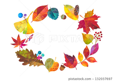 A circular frame designed with autumn leaves and nuts. Colorful painting texture illustration. A circular frame designed with autumn leaves and nuts. Colorful painting texture illustration. 132037697