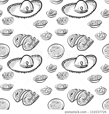 Day of the Dead. Line art illustration of a Mexican festival. Seamless pattern. Day of the Dead. Line art illustration of a Mexican festival. Seamless pattern. 132037726