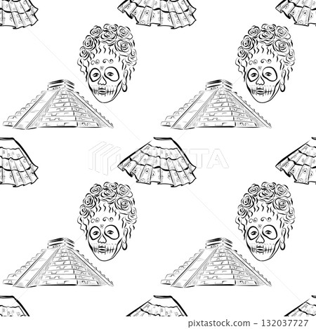 Day of the Dead. Line art illustration of a Mexican festival. Seamless pattern. 132037727