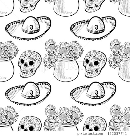 Day of the Dead. Line art illustration of a Mexican festival. Seamless pattern. Day of the Dead. Line art illustration of a Mexican festival. Seamless pattern. 132037741