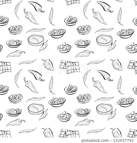 Day of the Dead. Line art illustration of a Mexican festival. Seamless pattern. Day of the Dead. Line art illustration of a Mexican festival. Seamless pattern. 132037742