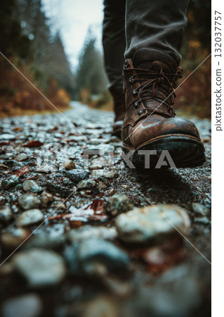 Person wearing hiking boots walking on a wet rocky path in a forest landscape 132037757