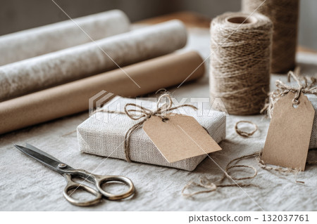 Eco friendly gift wrapping materials, scissors, twine, kraft paper, and a wrapped present 132037761