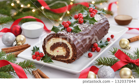 Christmas chocolate yule log cake with cream filling, holly leaves and berries on white plate. Festive dessert surrounded by ornaments and decorations. Christmas chocolate yule log cake with cream filling, holly leaves and berries on white plate. Festive dessert surrounded by ornaments and decorations. 132037844
