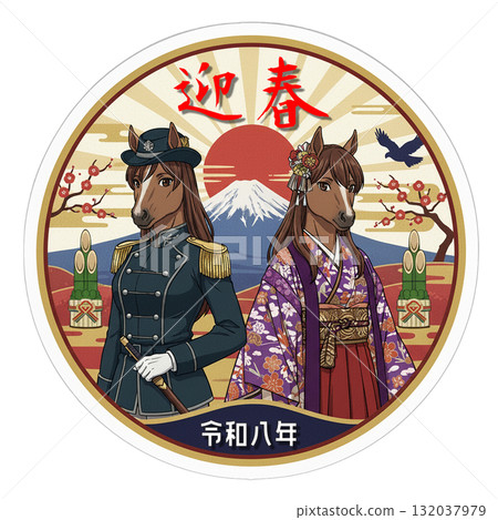 New Year's Horse Couple Mount Fuji and Rising Sun / Retro Modern New Year's Card 132037979