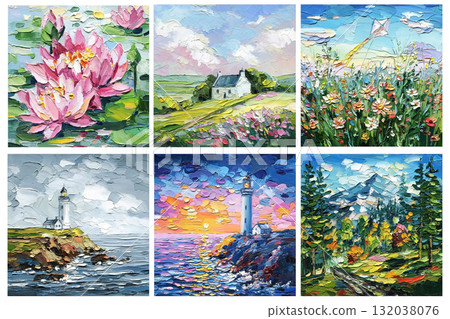 Impasto Landscape and Floral Painting Set. Cottage, Lighthouse, Mountains, Wildflowers, Water Lilies, Sunset 132038076