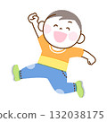 Illustration of a cheerful boy running with his hands raised and smiling 132038175