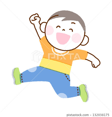Illustration of a cheerful boy running with his hands raised and smiling 132038175