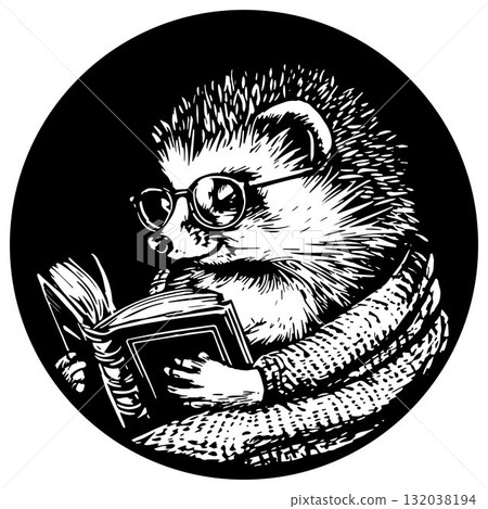 Cute Cartoon Hedgehog In Glasses Reading a Book. Vector Illustration. 132038194