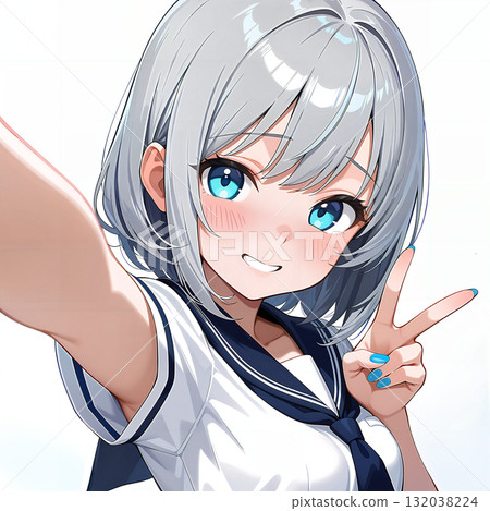 Silver-haired girl's sailor suit peace selfie 132038224