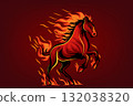 Fiery Zodiac Horse. A powerful stallion rises in flames, symbolizing the upcoming Chinese year on a blazing gradient background. 132038320
