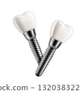 Dental implants on white. Realistic 3D render of two titanium-based prosthetics for medical and professional use. 132038322