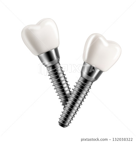 Dental implants on white. Realistic 3D render of two titanium-based prosthetics for medical and professional use. 132038322