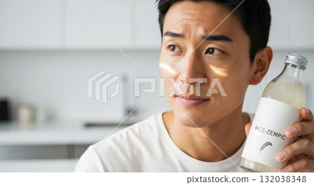 Close-up of an Asian man holding a natural health drink in a glass bottle. Young male considering a dietary supplement for a healthy lifestyle. Wellness and nutrition concept with copy space 132038348