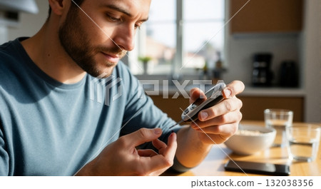 A man checking his blood sugar level with a glucometer at home. Diabetic person testing glucose from a finger prick. Health care and diabetes management concept 132038356