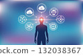 A human silhouette surrounded by a network of glowing artificial intelligence icons. Future technology concept with machine learning, robotics, and cloud computing 132038367