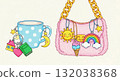Cute illustration of a mug and handbag with colorful charms. Kawaii cartoon accessories and everyday objects for personalization 132038368