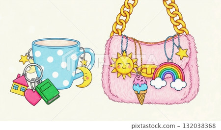 Cute illustration of a mug and handbag with colorful charms. Kawaii cartoon accessories and everyday objects for personalization 132038368