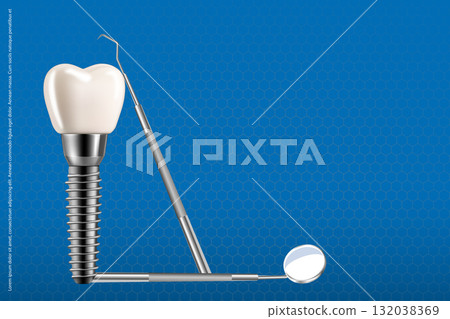 Dental implant poster with tools. 3D medical illustration and infographic on blue background for professional and educational use. 132038369