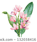 Watercolor Pink Orchid Flowers with Green Leaves Botanical Tropical Illustration Elegant Floral Design for Home and Wedding Decor 132038416