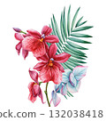 Watercolor Red Orchid Flowers with Palm Leaf Botanical Tropical Illustration Elegant Exotic Floral Design for Summer Decoration 132038418
