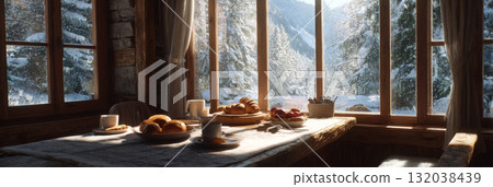 In a cozy chalet on a winter morning, a breakfast table is beautifully set with fresh pastries, coffee, and colorful fruit, while snow-covered trees are visible outside the window, banner 132038439