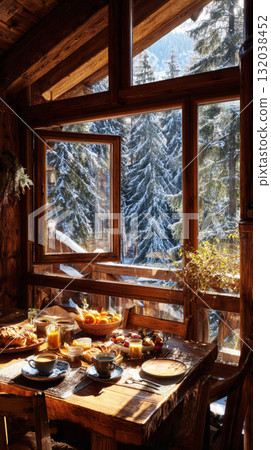 Enjoying a delightful breakfast in a winter chalet, the table features warm pastries, steaming coffee, and fresh fruit, all illuminated by the morning sunlight streaming through the window 132038452