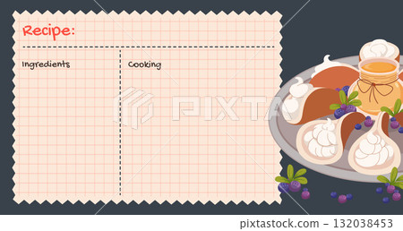 Charming recipe card featuring plate of Cute recipe card with delicious Arab pancakes and honey. Perfect for sharing dessert recipes. Ideal for food blog, cooking tutorial. Vector flat illustration. 132038453
