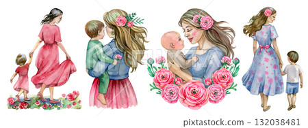 Set of Mothers Day card with cute trendy watercolor illustrations of mom and daughter, spring flowers. Mothers day templates for poster, cover, banner 132038481