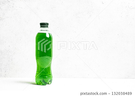 Liquid Chlorophyll Drink. Bottle of Green Chrorophyll Water. 132038489
