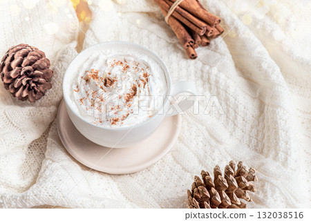 Seasonal winter or Christmas concept with coffee (Eggnog Latte) 132038516