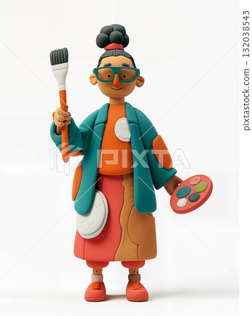 3D cartoon artist holding brush and palette, creative concept 132038543