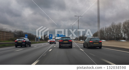 Motion Blur British Motorway Traffic During the Day Panorama 132038598