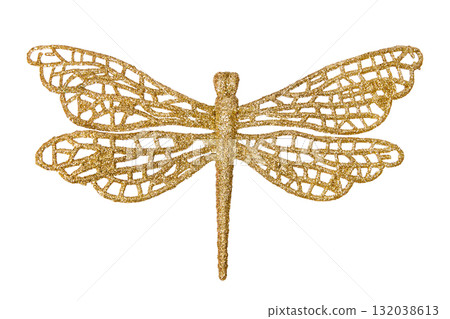 A Christmas decorative tree ornament in the shape of a golden shiny dragonfly, isolated on a white background with clipping path. Design element for Christmas card 132038613