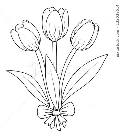 Three black line tulips, vector flower bouquet 132038614