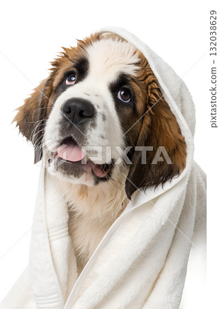St bernard puppy dog bundled up in bath towel after being washed pet care and grooming concept 132038629