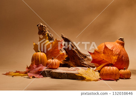 Autumn podium. A rustic autumn still life with pumpkins, Autumn podium. A rustic autumn still life with pumpkins, 132038646