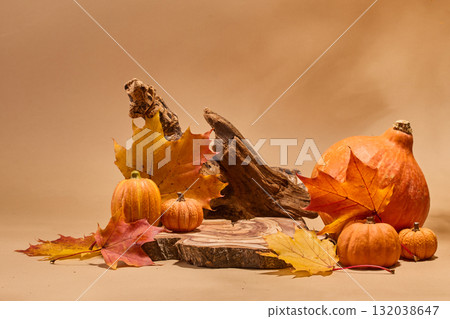 Autumn podium. A rustic autumn still life with pumpkins, Autumn podium. A rustic autumn still life with pumpkins, 132038647
