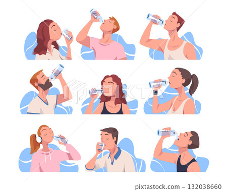 People Drinking Water Hydrate and Quench Thirst Vector Set 132038660