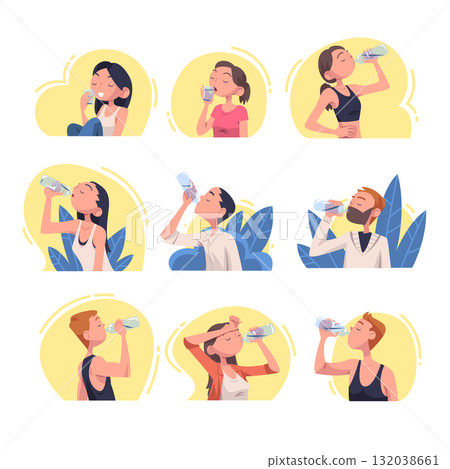 People Drinking Water Hydrate and Quench Thirst Vector Set People Drinking Water Hydrate and Quench Thirst Vector Set 132038661