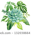 Watercolor Succulent with Tropical Green Leaves Botanical Plant Arrangement Nature Illustration for Home and Garden Decor 132038664